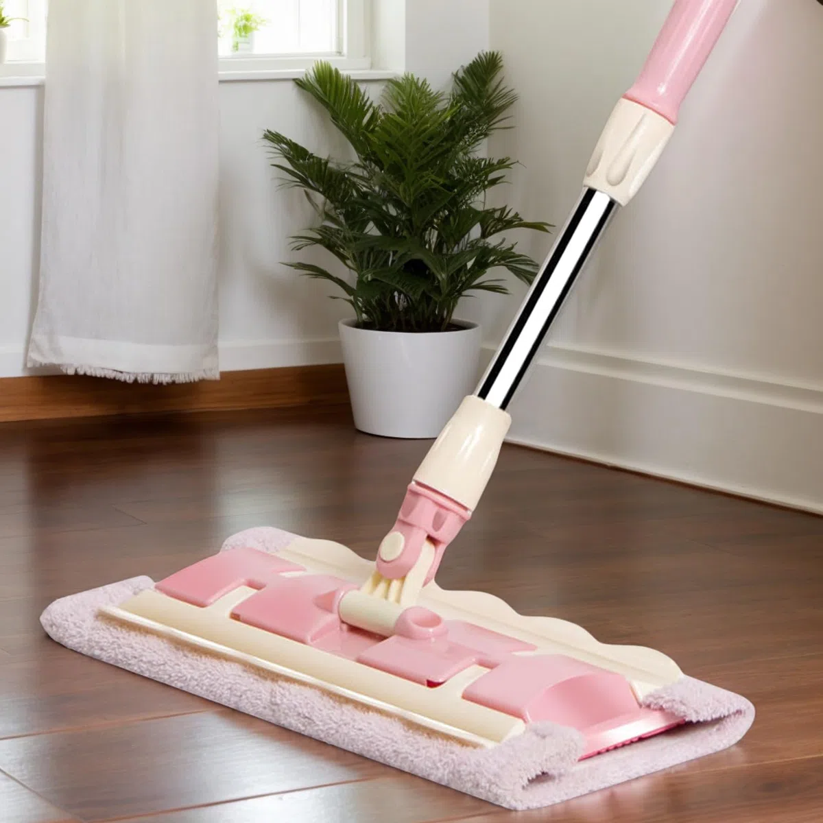 Mopa para Suelos Madera Mango Telescópico Giratorio 360 Grados con Raspador | Mopa De Cocina Con 4 Almohadillas Lavables Raspador Incluido, Limpiador Para Suelos De Cocina, Baño, Garaje,