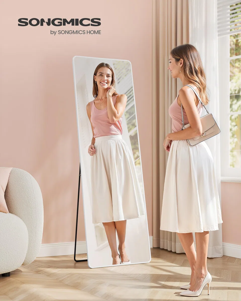 SONGMICS Espejo de Cuerpo Entero, 160 x 50 cm, Espejo de Pie Rectangular con Soporte, con Marco de Aleación de Aluminio, Cristal Templado, para Dormitorio, Salón, Vestuario, Blanco Mate LFM030WC01