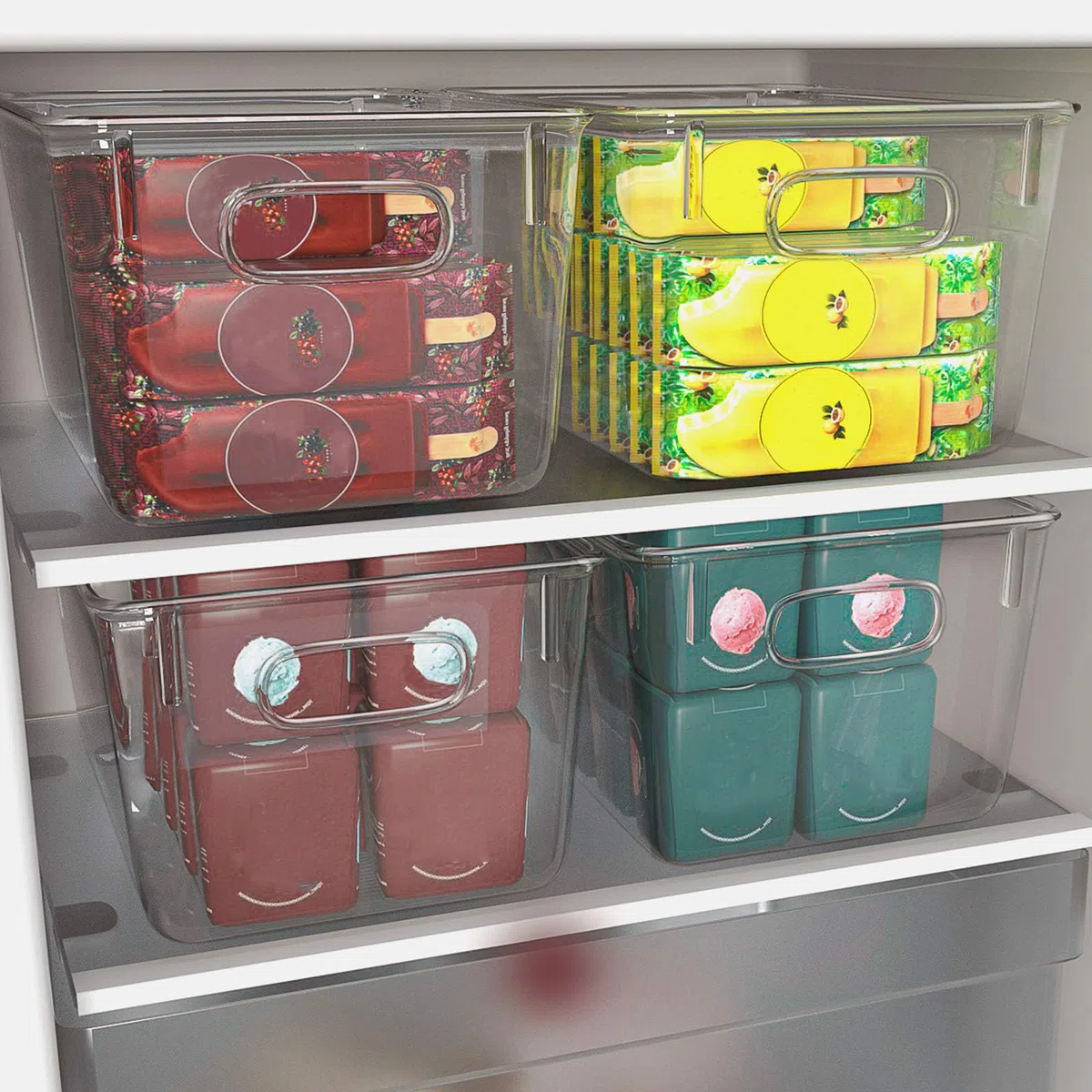 Finew Juego de 4 Cajas de Almacenaje de Refrigerador Apilables, Organizadores Transparentes Plásticos Apilables de Nevera, para Cocina Despensa Gabinete Baño Armario Cajón - 2 Grandes / 2 Medianos