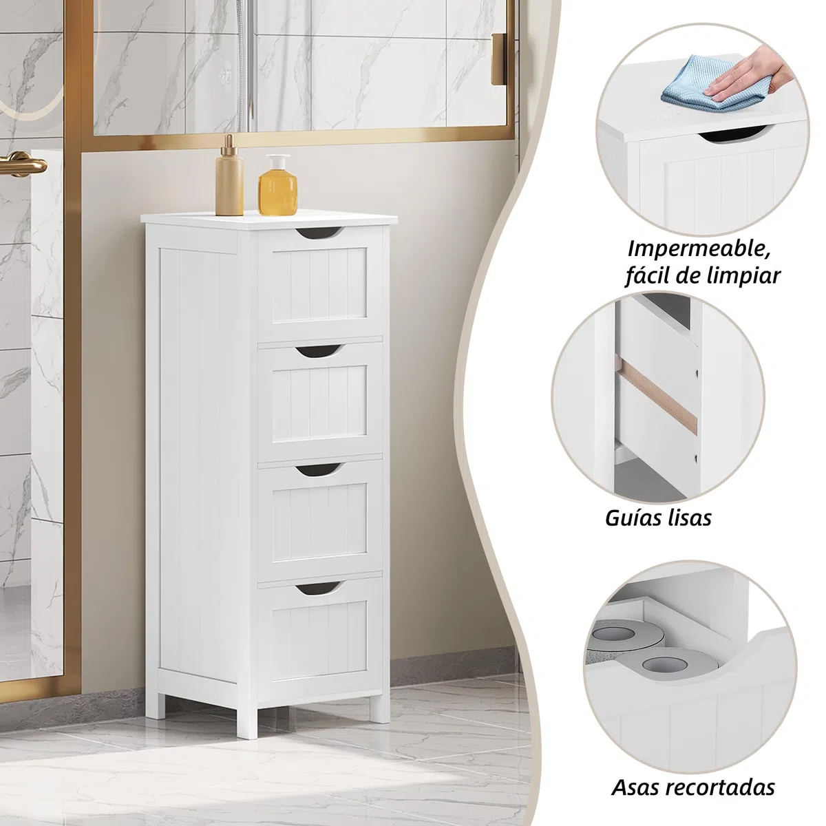 eSituro Armario de Suelo para Baño Auxiliar Pequeño Mueble Organizador de Cajones Laterales con 4 Cestas MDF Blanco 28 x 29 x 82 cm