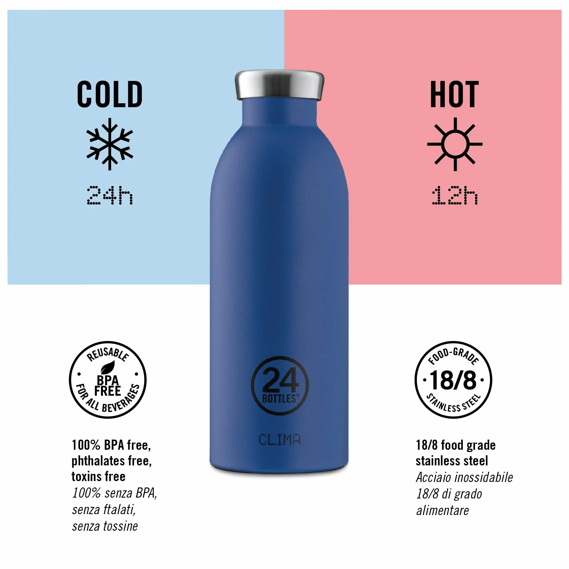 24Bottles Clima - Botella Agua Acero Inoxidable, Botella Termica 850ml 12H Caliente y 24H Frío Ideal como Botella Gimnasio, Niños y Deporte, Cantimplora Termica 100% Hermética, Water Bottle Sostenible