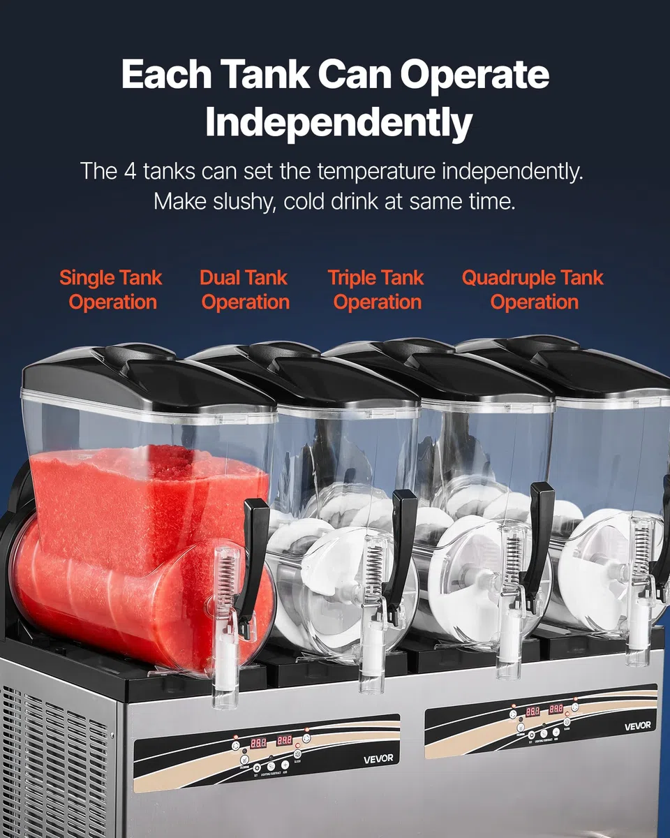 VEVOR Máquina para Hacer Granizados con 4 Tanques de 12 L, Máquina de Granizado Comercial para Margaritas, Batidos, sin Necesidad de Hielo, con Autolimpieza, para Restaurantes, Bares, Fiestas