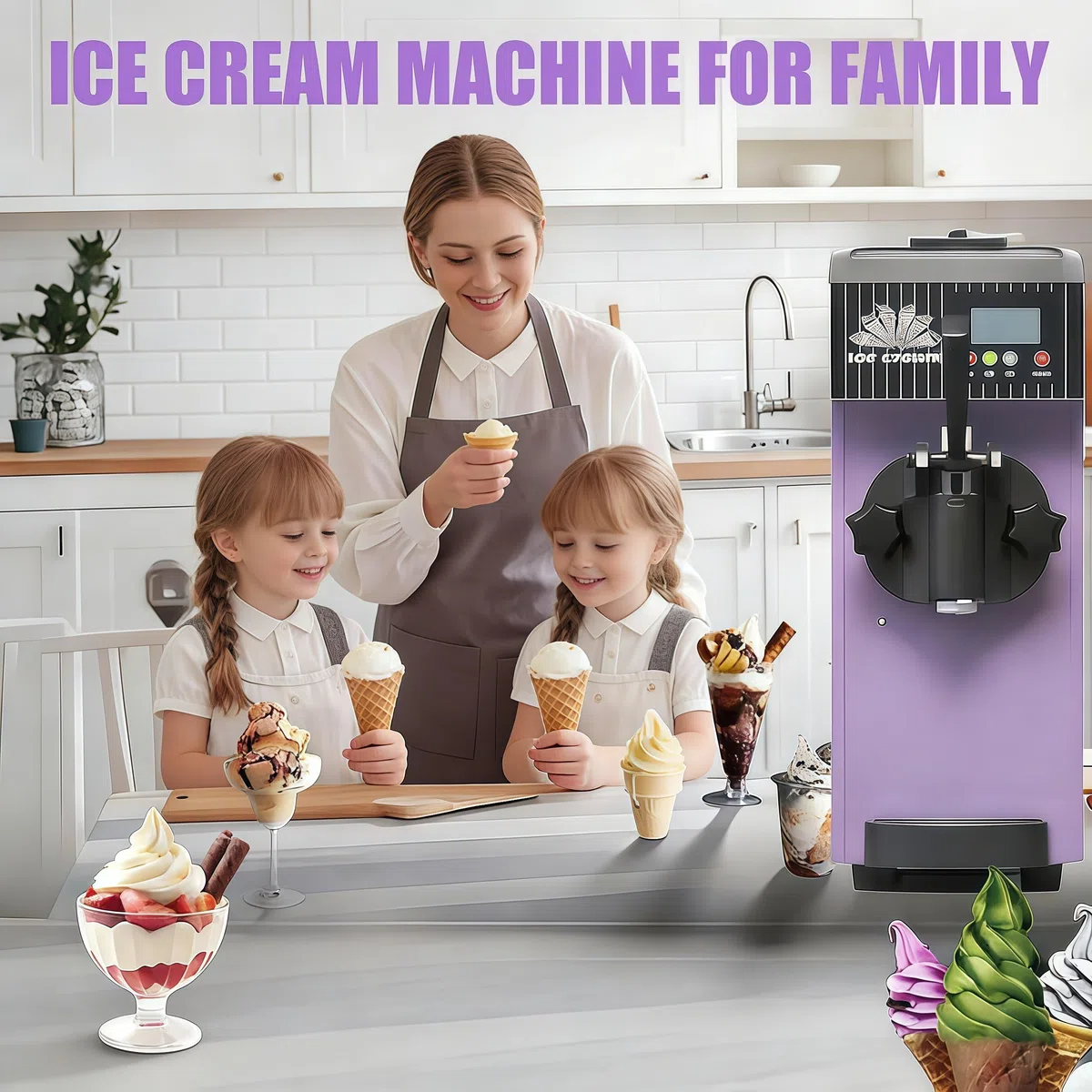 MáQuina Helado,Profesional Heladera Soft Serve,MáQuina de Helado de Un Solo Sabor, Rendimiento de 7,5 L/H, Preenfriamiento,Autolimpieza,Panel LCD para El Hogar Y Negocios. Purple