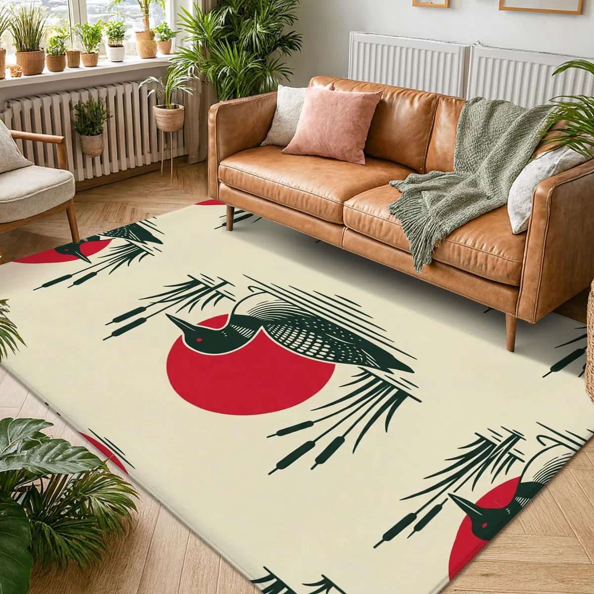 Loon - Alfombra rústica natural con diseño de cola de gato para sol, verano, color rojo, de pelo bajo, esponjosa, suave, rectangular, resistente a las manchas, para sala de estar, dormitorio, aula