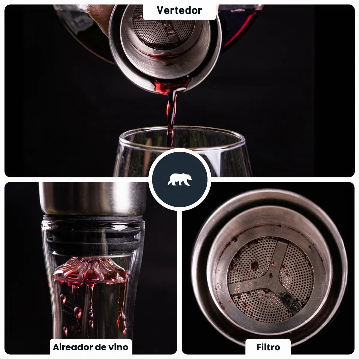 Decantador de vino 1.8 L | Vidrio cristalino de soplado artesanalmente con montañas en relieve | Tapón 3 en 1 (filtro, aireador y pico vertido) (Mont Blanc)