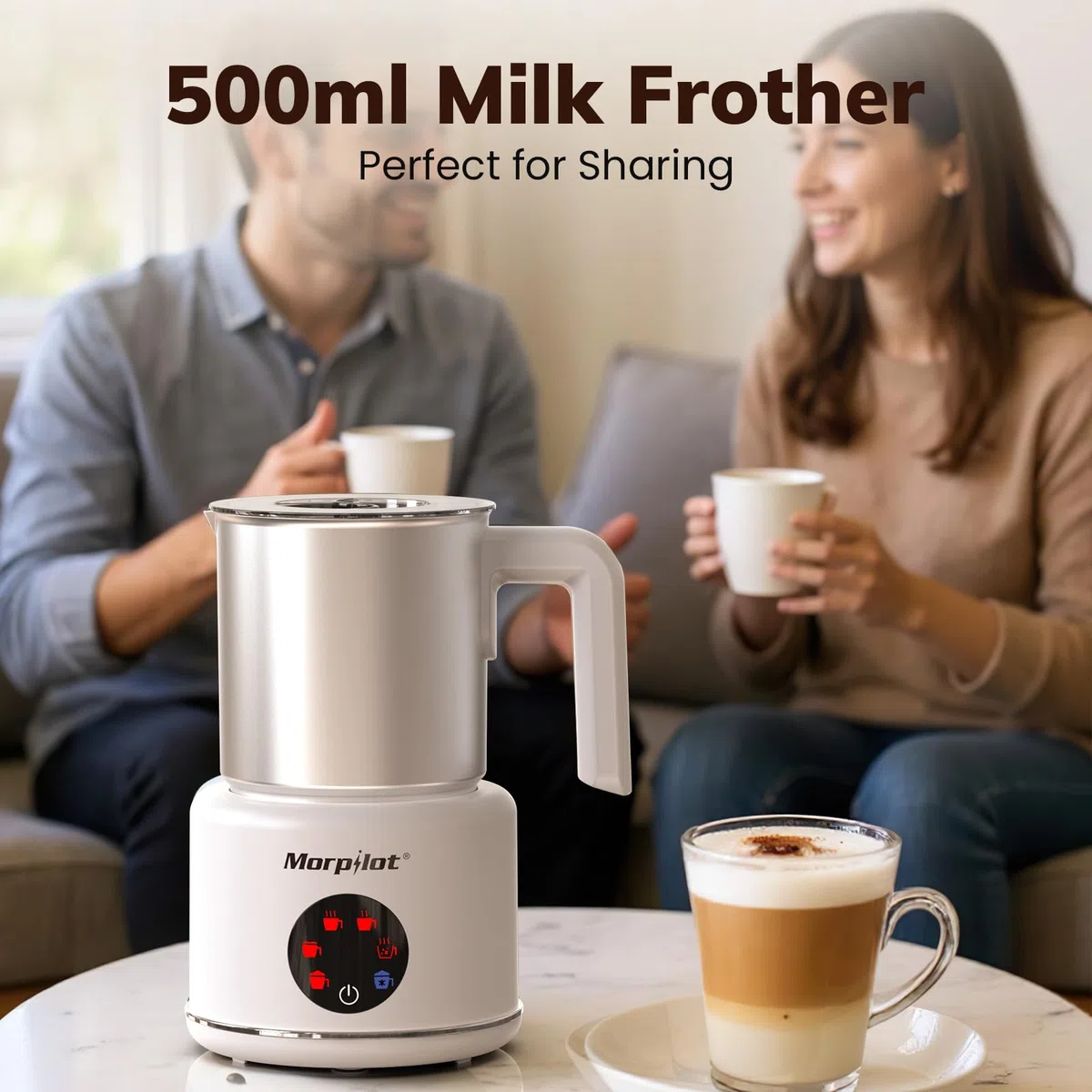 Morpilot Espumador de Leche Eléctrico 500ML Calentador de Leche 6 en 1, para Espuma Caliente y Fría, Chocolate Caliente, Latte, Capuchino y Macchiato, Apto para Lavajillas, Acero Inoxidable, Blanco