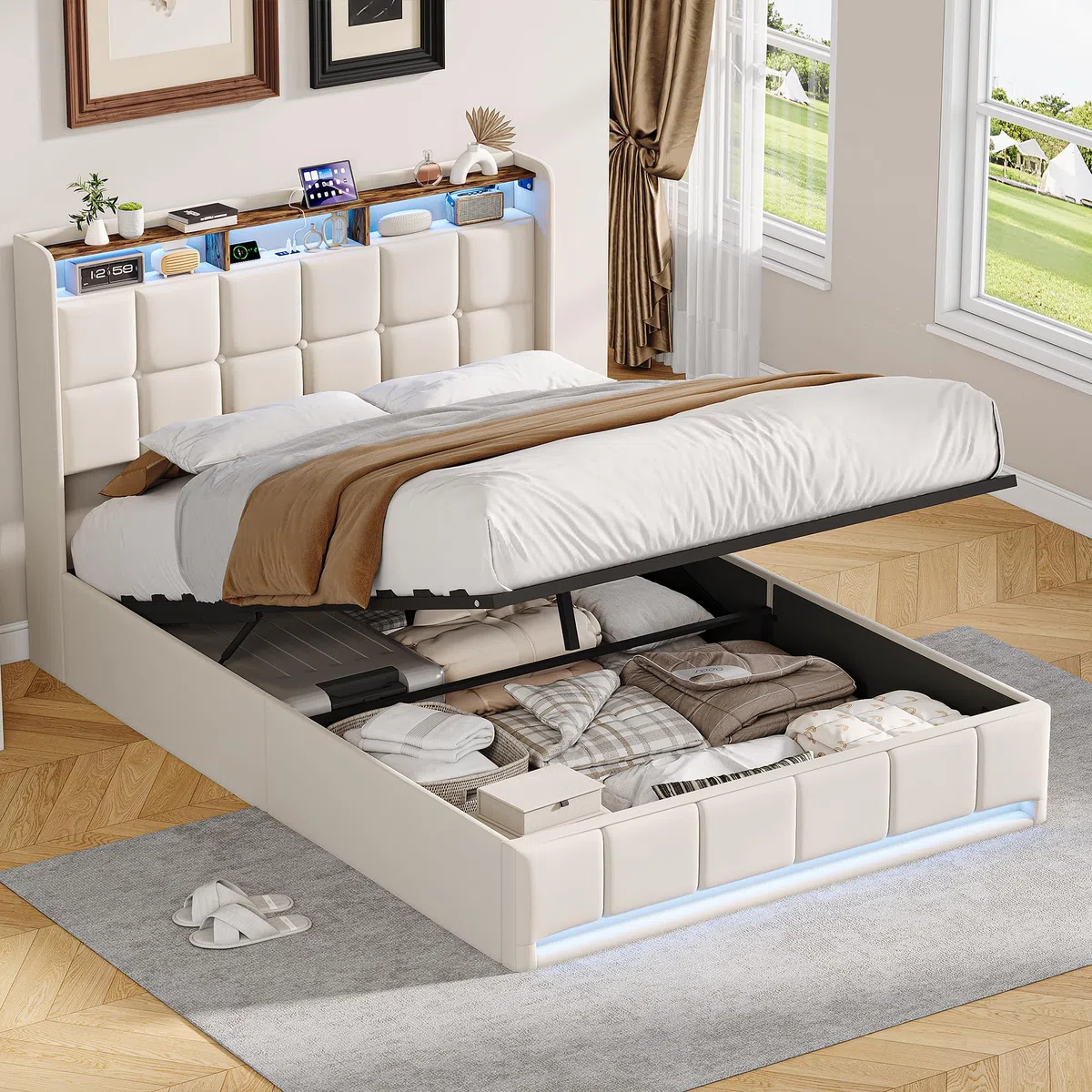 Cama con cajón 140 x 200 con LED, cama de matrimonio tapizada con somier de listones y compartimento de almacenamiento, cabecero doble, cama de matrimonio para adultos y adolescentes, sin