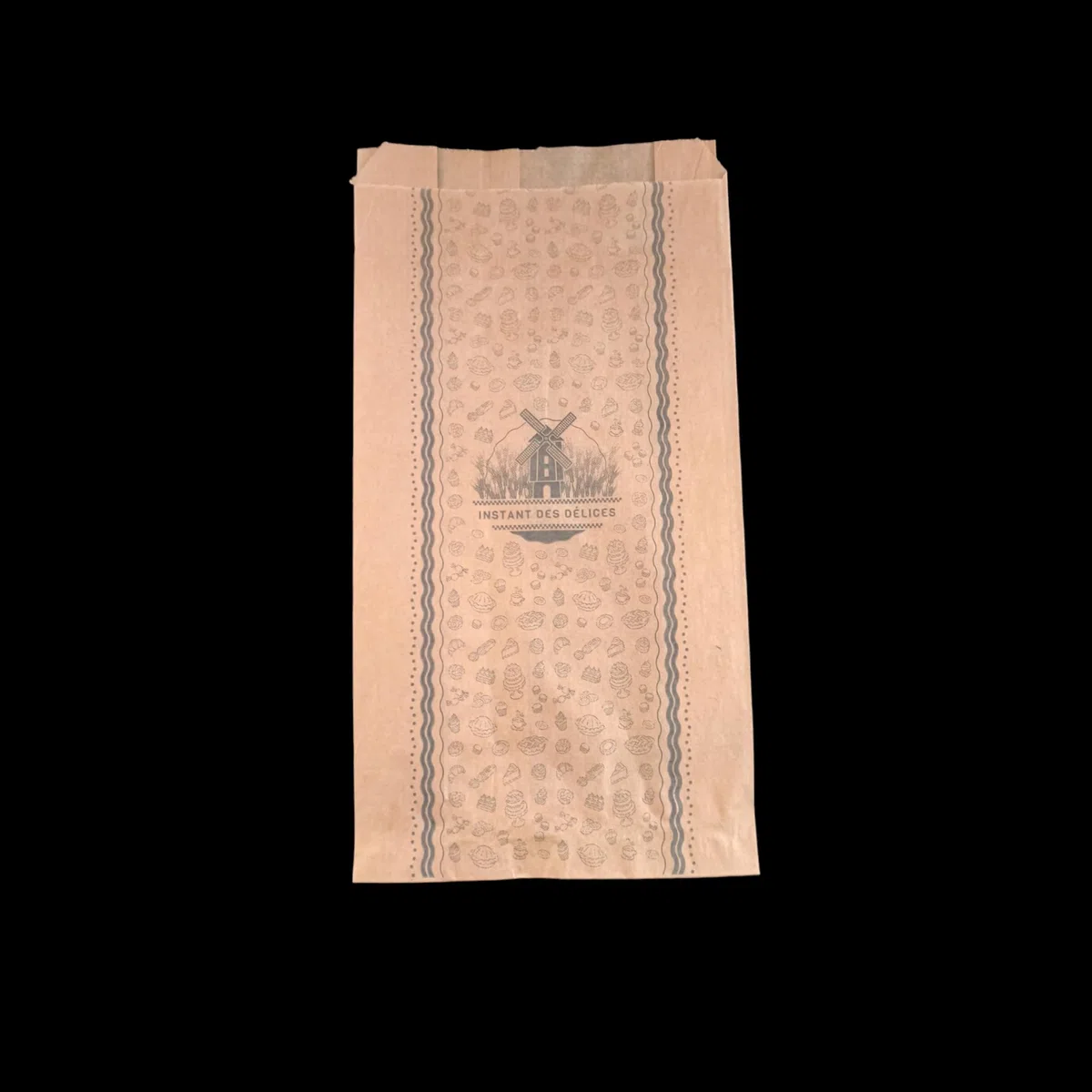 1000 Bolsas de bollería 20+5x31 cm de papel kraft marrón de grado alimenticio sin grasa impresas en negro
