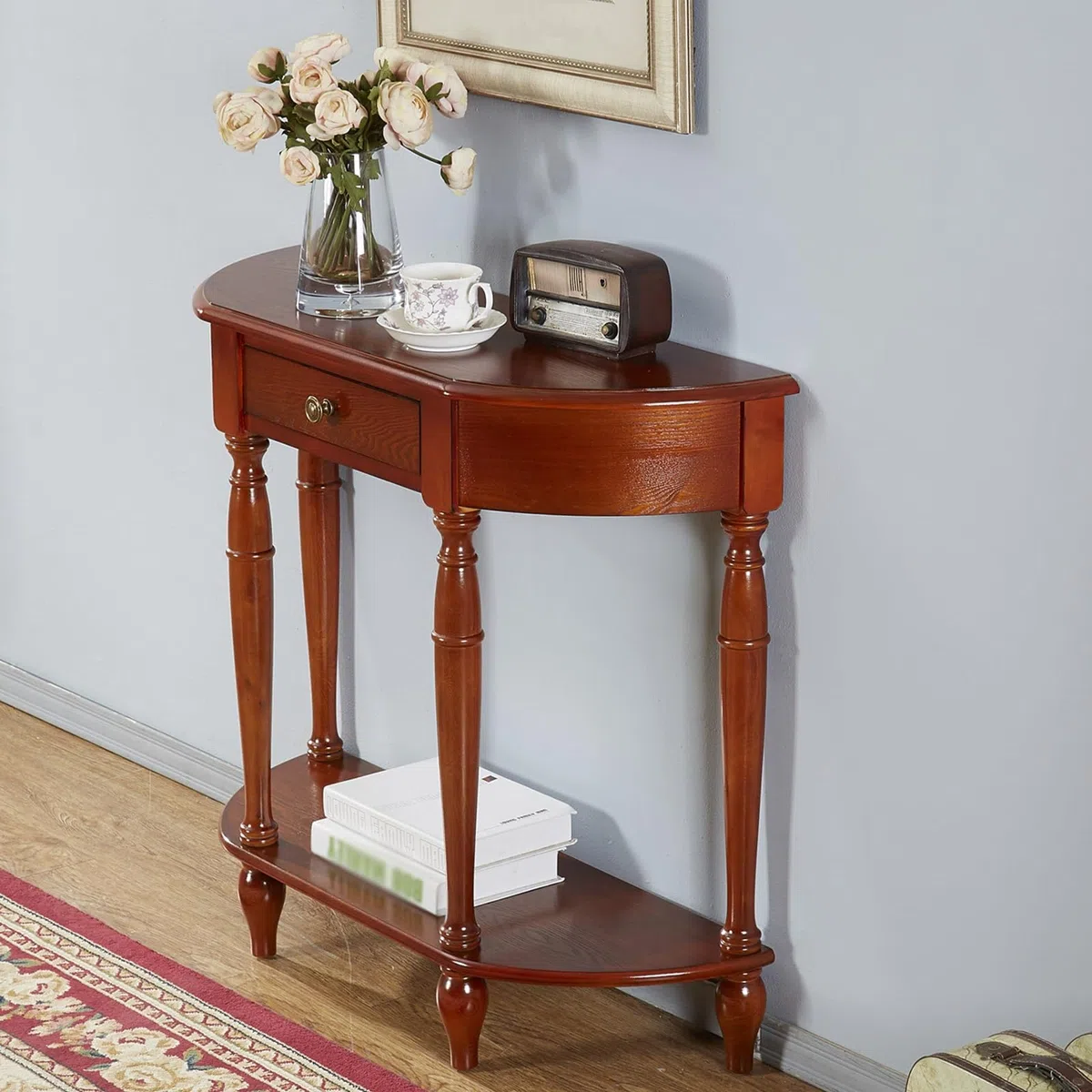 Mesa consola de media luna de madera maciza, mesa de entrada con cajón de almacenamiento, mesa de sofá semicircular para decoración de pasillo y entrada