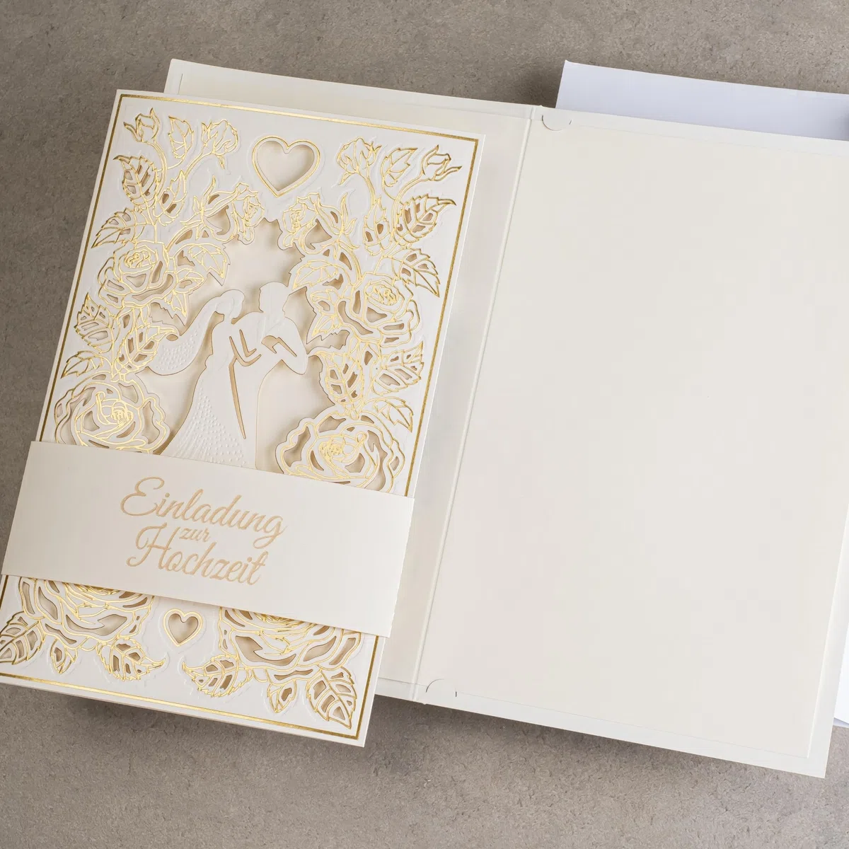 20 invitaciones de boda de 130 x 205 mm, con inserciones y sobres imprimibles para boda, corte láser, acabado con lámina dorada. Patrón prensado con inscripciones grabadas ZAP_DE_09