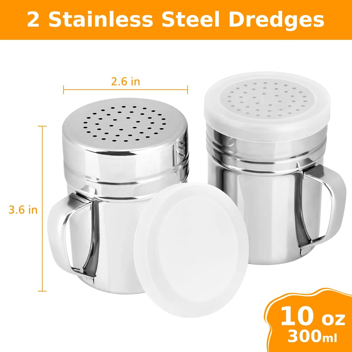 Accmor 2 dragados de acero inoxidable, salero y pimienta con asa, condimentos y especias con tapa, 10 onzas