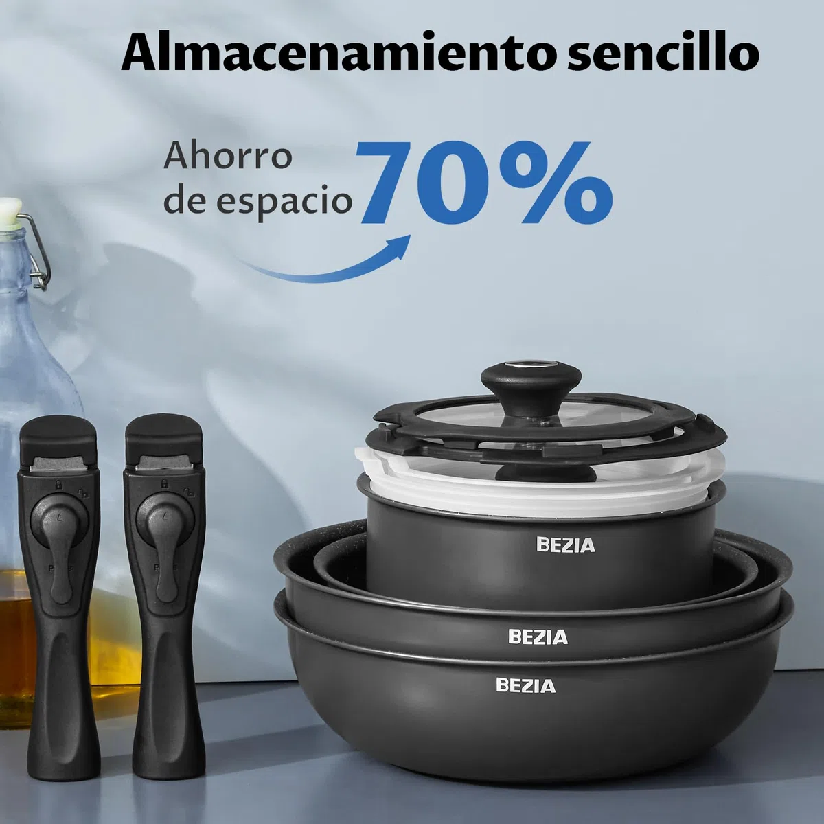 BEZIA Juego de Ollas y Sartenes 13 piezas, Sartenes Mango Extraíble, Batería de Cocina Antiadherente, sin PFOA y PFOS, apilable para todo tipo de cocinas, apto Lavavajillas y Horno