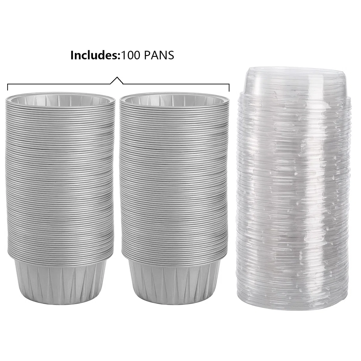 DEAYOU Paquete de 100 tazas de papel de aluminio para magdalenas, 5 onzas desechables para hornear magdalenas con tapa, boda, color plateado