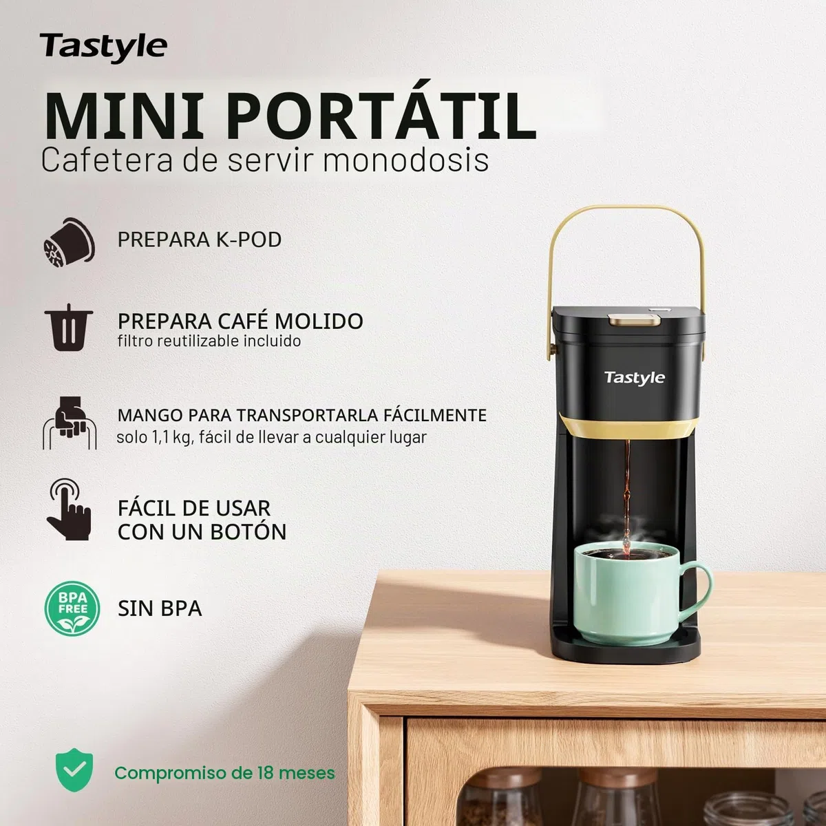 Tastyle - Cafetera de una sola taza para tazas K y molidos, mini cafetera con mango portátil, tamaño de cerveza de 6 a 12 onzas, para viajes, camping, oficina, RV y recámara, 120 V, negro y dorado