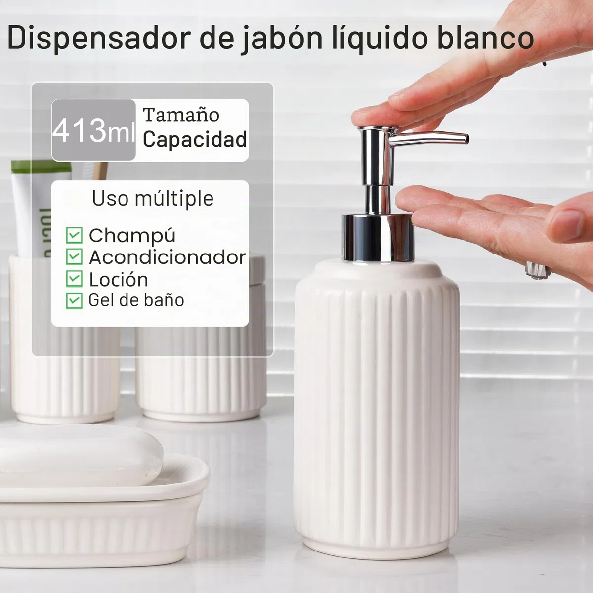 NOVAJOY Juego de baño, organizador de baño de cerámica de 5 piezas con dispensador de jabón, jabonera, soporte para cepillo de dientes, recipiente de bastoncillos de algodón, beige y blanco