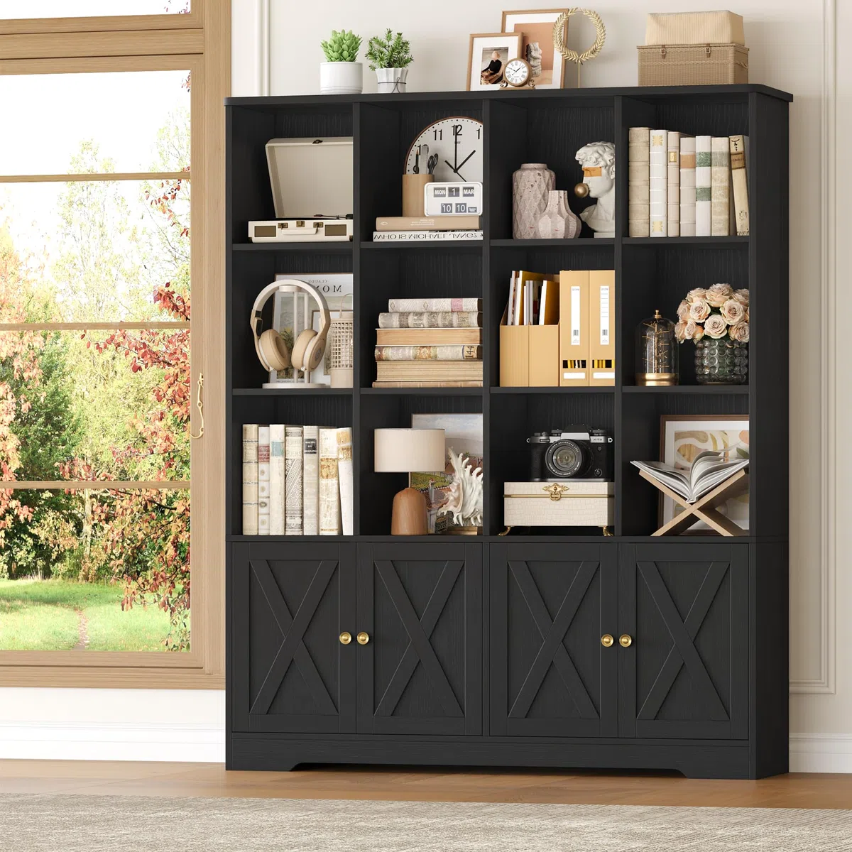 FirFurd 145cm Librería con 4 Puertas y 12 Compartimientos, Librería Salón | Estantería con Puertas, Estantería Libros, Estanterías Almacenaje, para Salón Estudio Oficina Dormitorio Negro 121x30x145cm