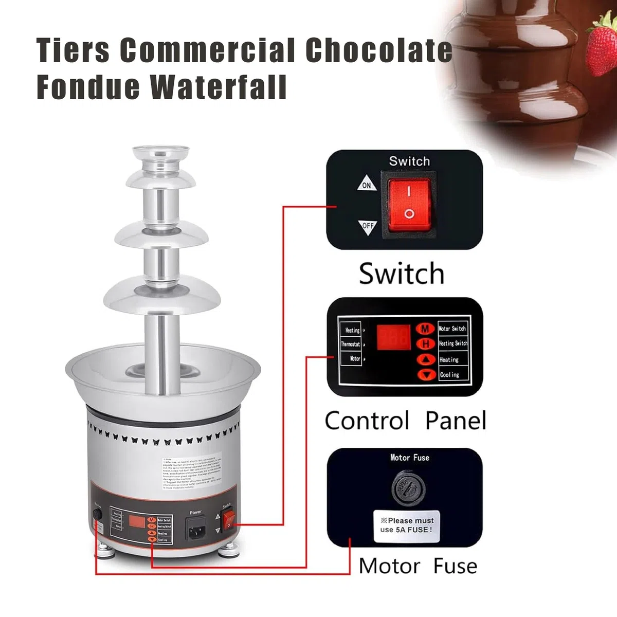Torre De Fondue De Chocolate Caliente Comercial 4/5/6 Niveles En Acero Inoxidable, Fuente De Chocolate Profesional, para Derretir Y Calentar Nachos, Queso, Licores En Fiestas Y Bodas