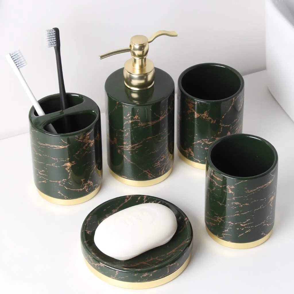 Accesorios De Baño Juego De Accesorios De Baño De Mármol De 5 Piezas De Cerámica Que Incluye Jabonera, Soporte para Cepillo De Dientes, Vaso, Dispensador De Loción Set De Baño Accesorios