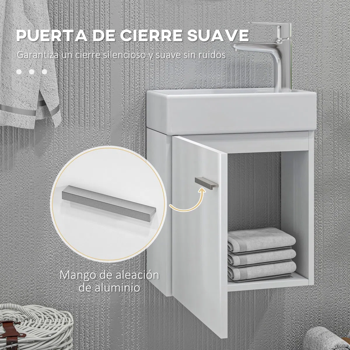 HOMCOM Mueble de Baño Estrecho con Lavabo de Pared 40x23x50cm Blanco Brillo | Mueble para Lavabo, con Puerta, Cierre Suave, Estilo Moderno