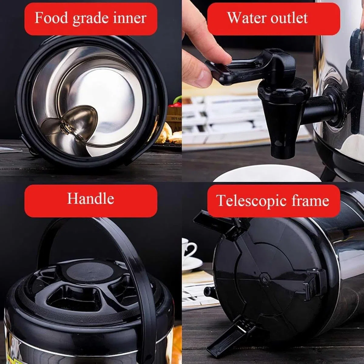Urna comercial de gran capacidad for catering, dispensador bebidas aislado acero inoxidable 304, jarra café, urna agua caliente con grifo térmico negro(12L)