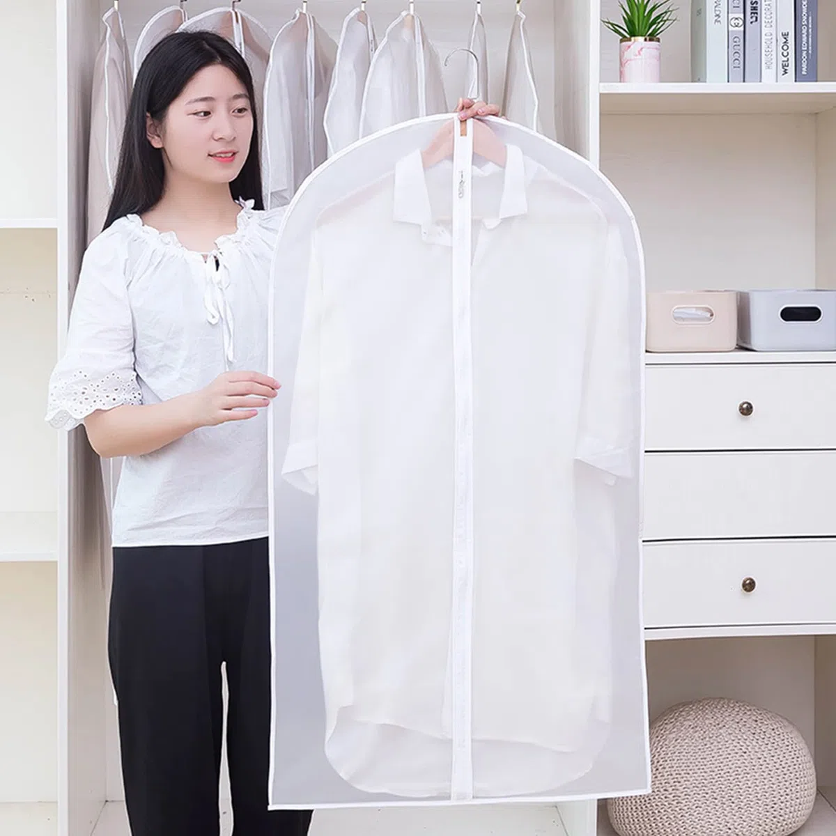 Fundas para prendas, fundas para ropa, bolsa para abrigos con cremallera, funda a vestido translúcida de PEVA, protector de traje impermeable y transpirable, blanco-60x140cm (blanco 60x80cm)