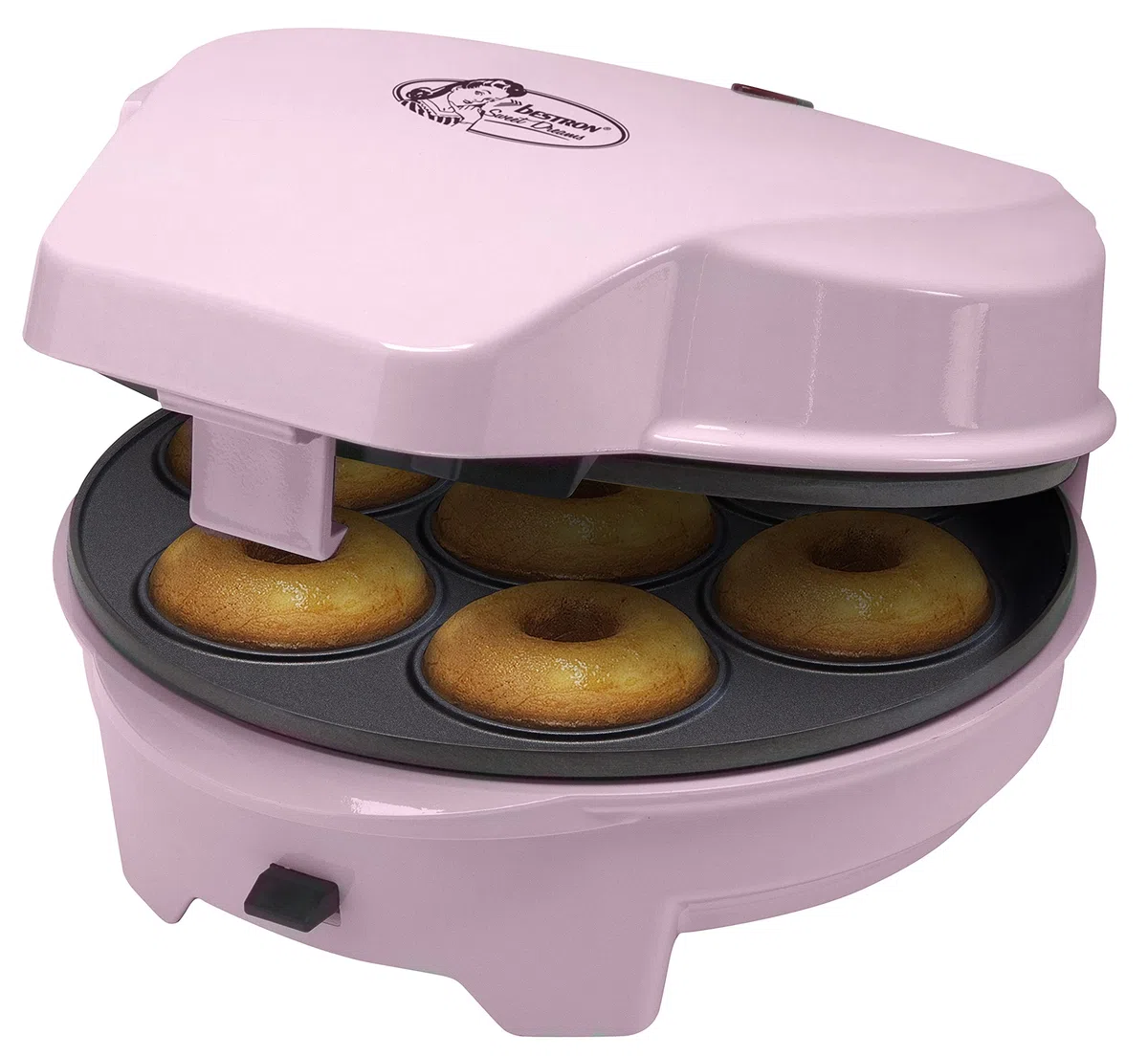 Bestron Máquina para Donuts 3 en 1 Diseño Retro con 3 Placas Intercambiables para Donuts, Muffins y Cake Pops, Antiadherente, 700 W, Ahorro de Espacio, Rosa, ASW238P