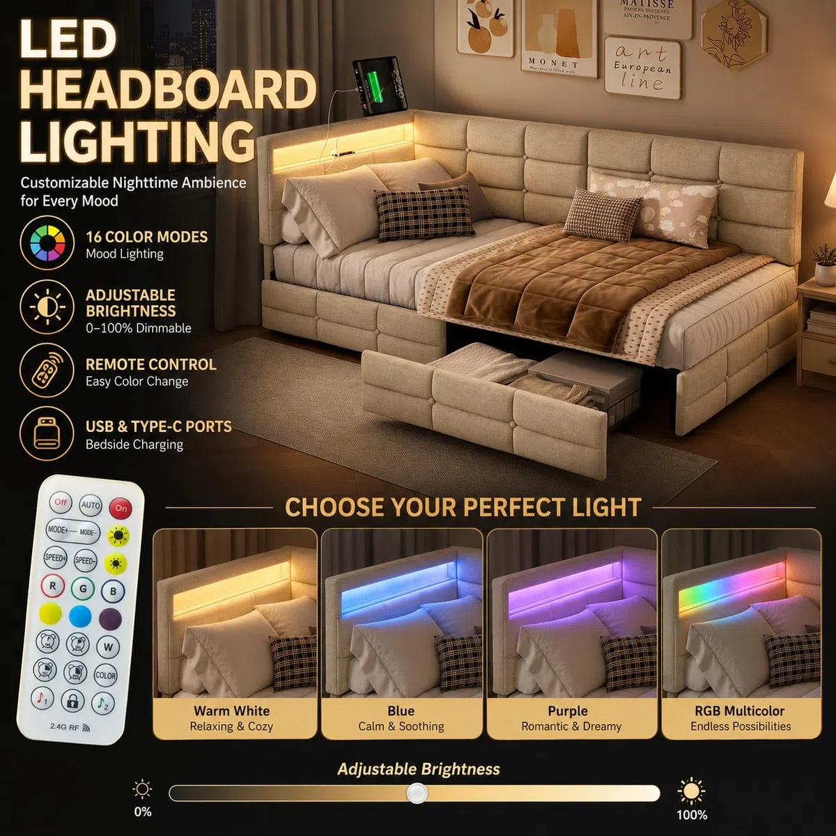 BRILVERDE Cama con almacenamiento de 90 x 200 cm con cajones, cama acolchada con luz LED/USB, sofá cama con cabecero contenedor, somier de láminas, lino (beige, 90 x 200 cm)