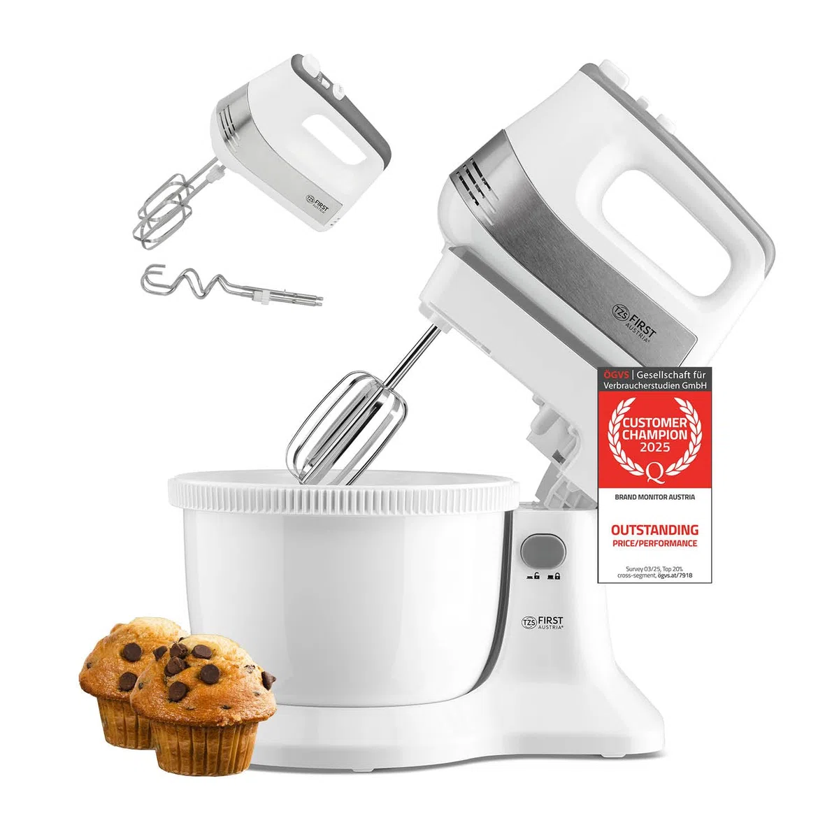 TZS First Austria Batidora de mano y de pedestal 2 en 1 | 3,4 L | Accionamiento automático | 500 W | 5 velocidades | Función turbo | con gancho para masa y varillas