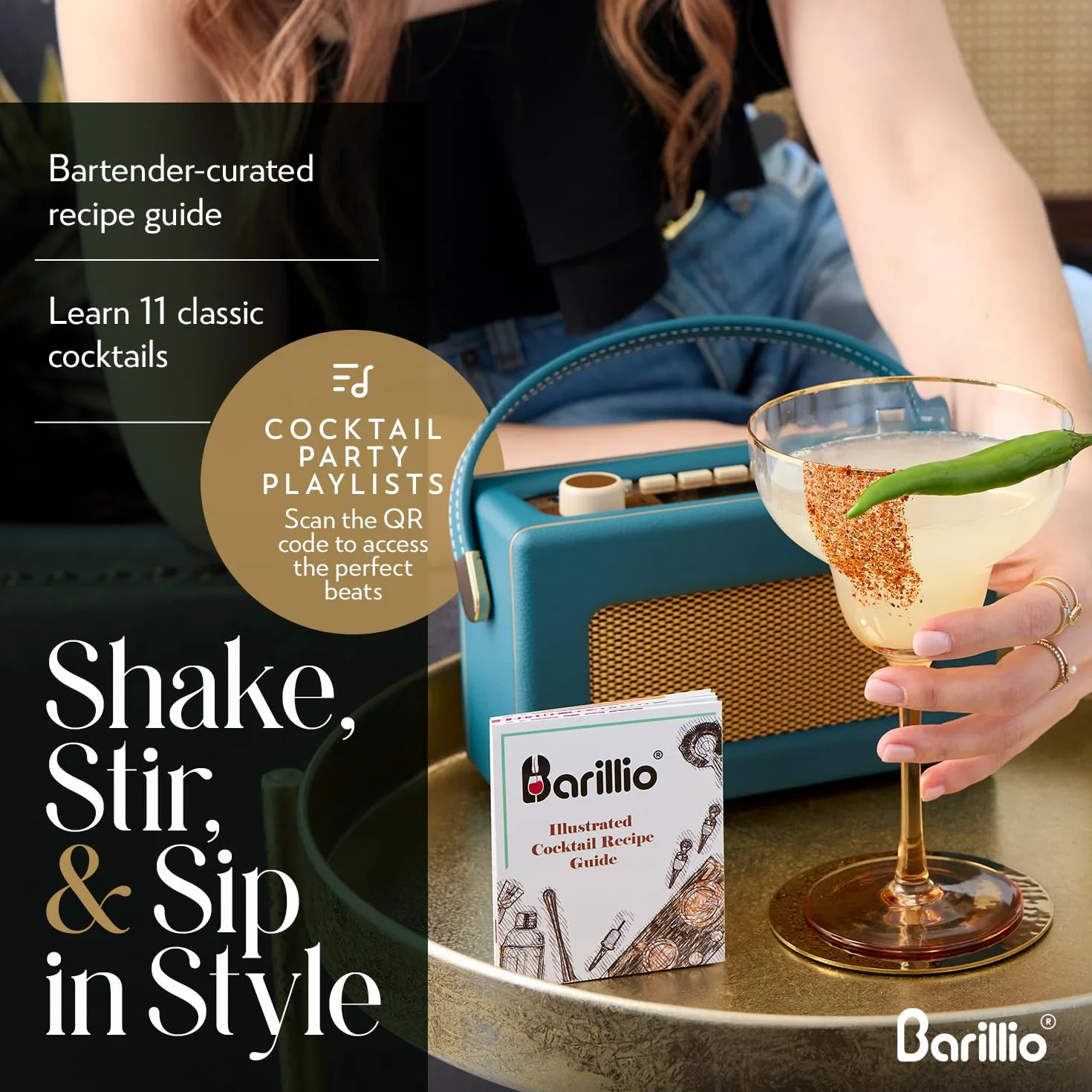 Barillio Black Boston - Juego de coctelera de acero inoxidable con peso para coctelera Martini con colador y mezclador, kit de barman de mixología, juego de bar para el hogar, juego de coctelera de 9