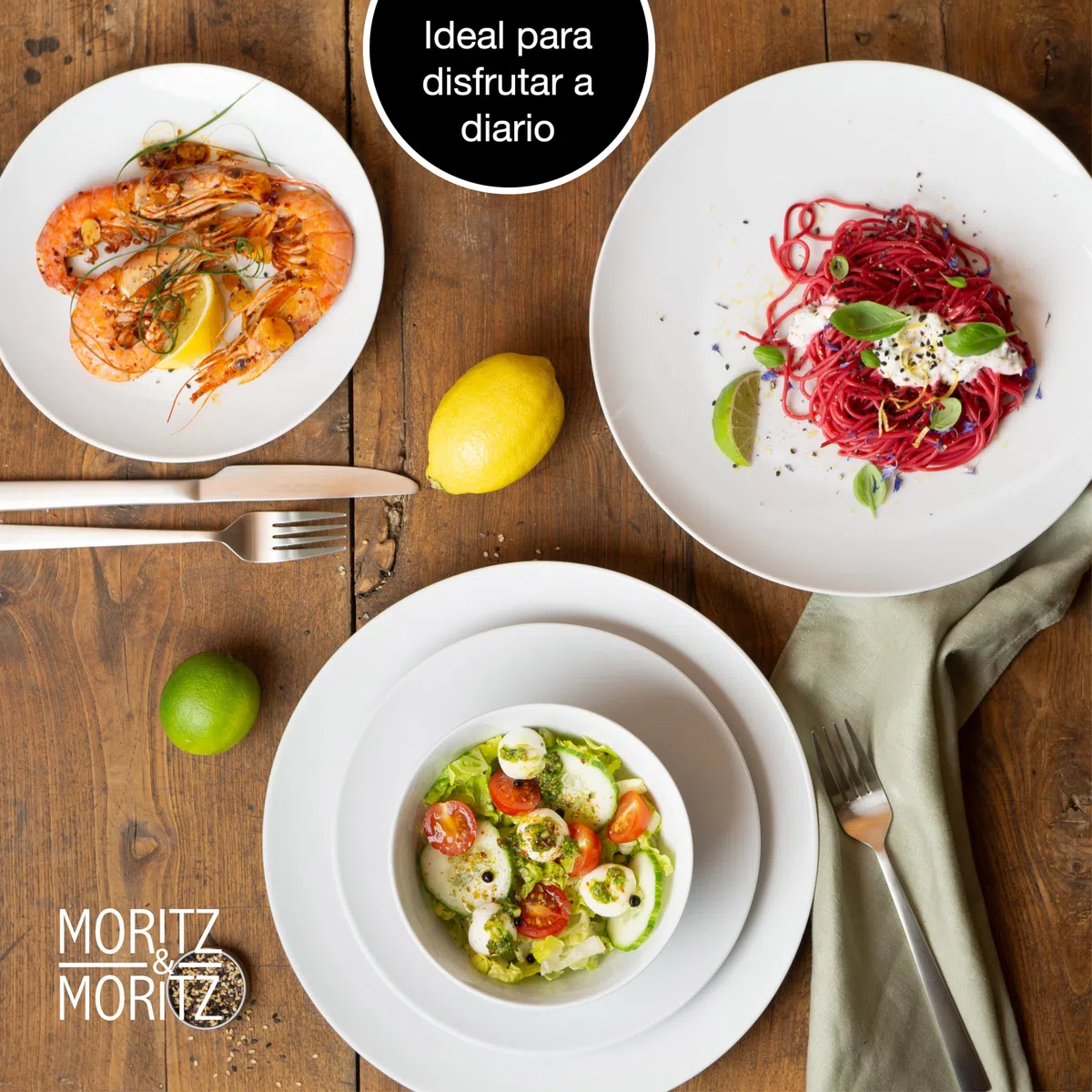 Moritz & Moritz BASIC Set da 18 pezzi - de Porcelana en Blanco Clásico - Compuesta por 6 Platos Llanos, 6 Platos de Postre y 6 Cuencos