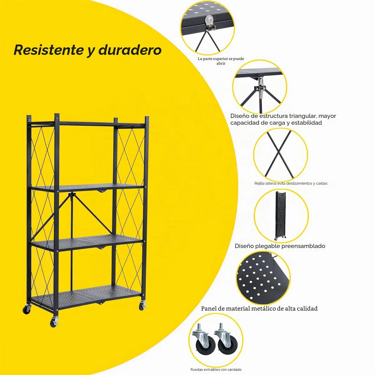 BRIAN & DANY Estanteria Plegable con Ruedas 4 Niveles, Negro Estante de Almacenaje Plegables de Metal, Carga Pesada Estante Plegable para Cocina, Oficina, Garaje, 71 x 34 x 126 cm