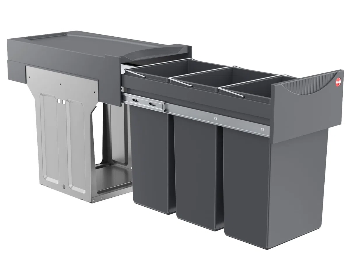 Hailo 3666-13 - Cubo de Basura para la Cocina con 3 compartimientos, Color Negro | sobre mueble bajo