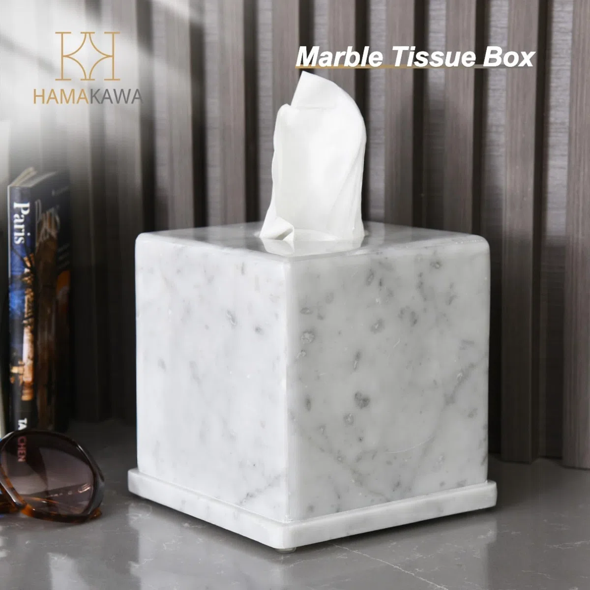 Portapañuelos de Mármol Natural Blanco Carrara, Caja Cuadrada 15x15x14.5 cm para Baño Moderno/Salón, Organizador de Pañuelos Pesado con Piedra Auténtica