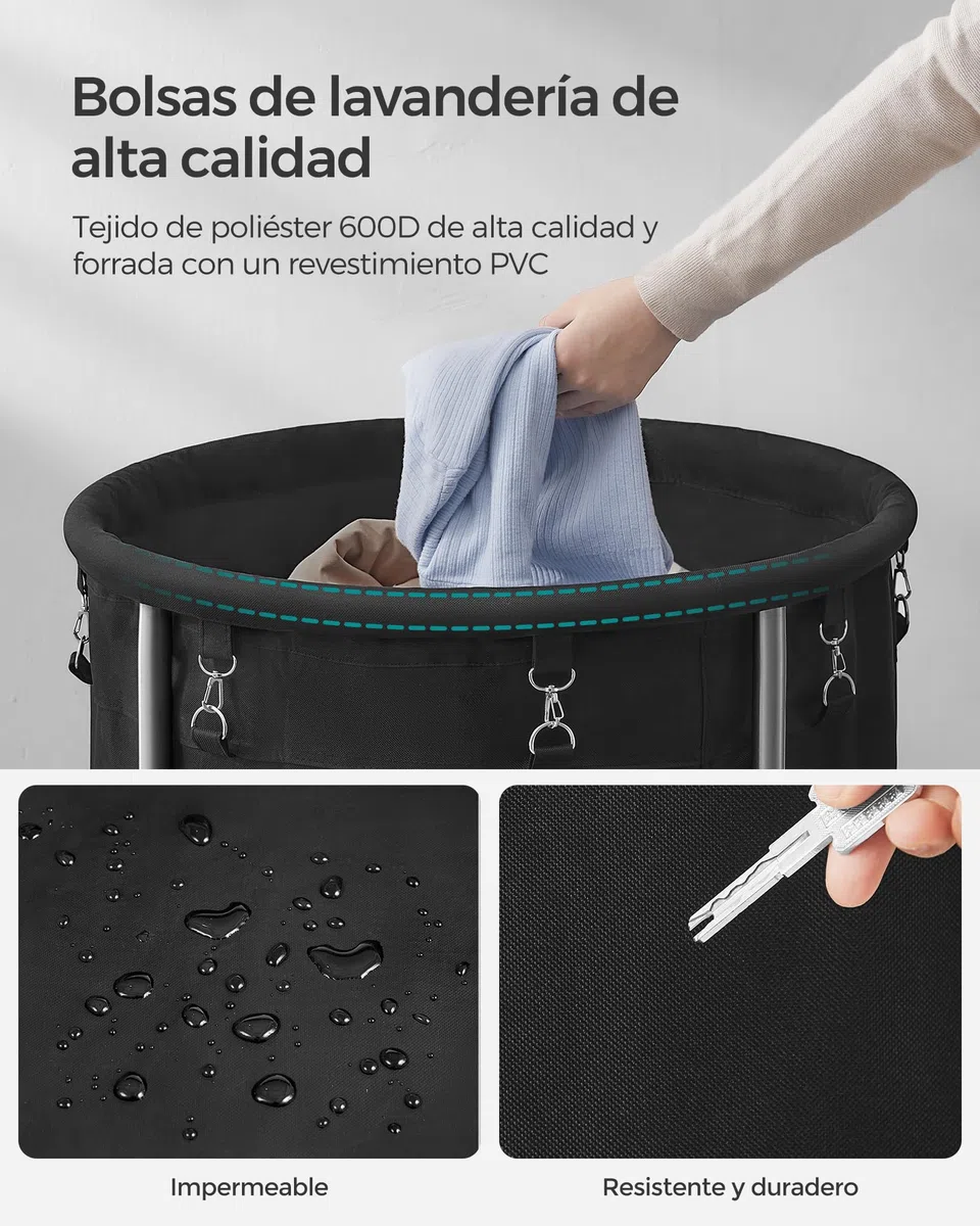 SONGMICS Cesto de Ropa Sucia con Ruedas, Cesta de la Ropa Sucia, 170 L, Cesto Redondo con Marco de Acero y Bolsa Extraíble, 4 Ruedas y 2 Frenos, Negro y Plata RLS001B01