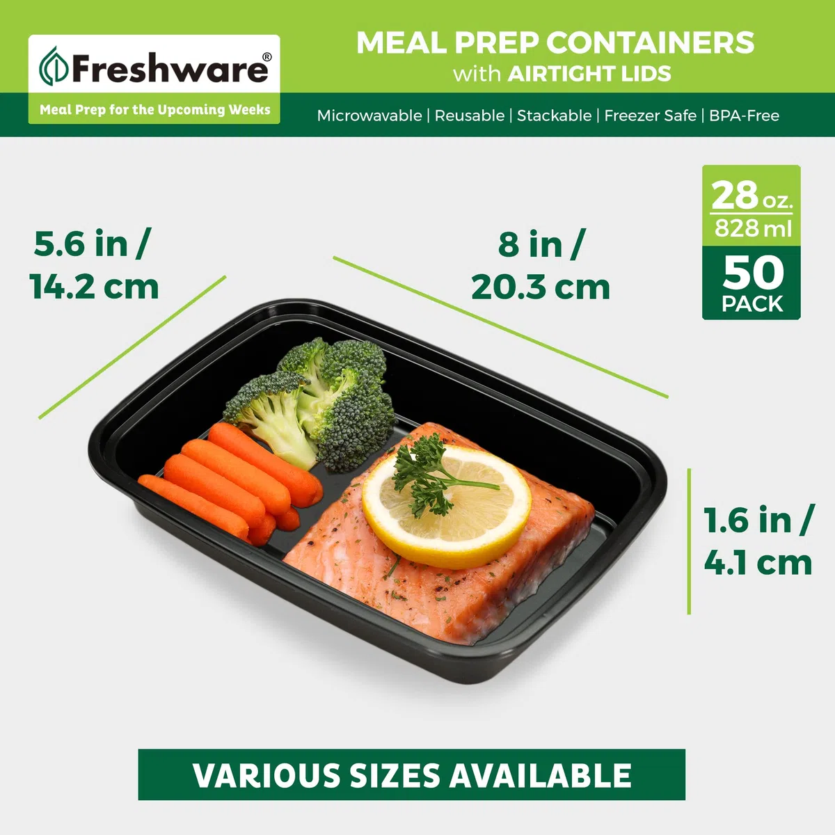 Freshware Recipientes de preparación de comidas [paquete de 50] 1 compartimento con tapas, contenedores de almacenamiento de alimentos, caja Bento, sin BPA, apilables, aptos para