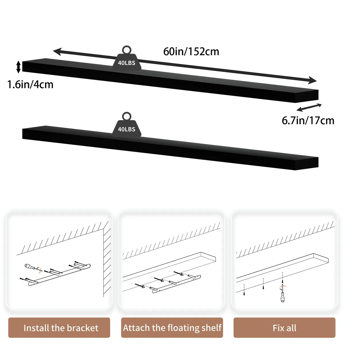 Estantes flotantes de 60 pulgadas de largo para pared, estantes largos de madera maciza, juego de 2, estantes rústicos montados en la pared con soportes invisibles para decoración y