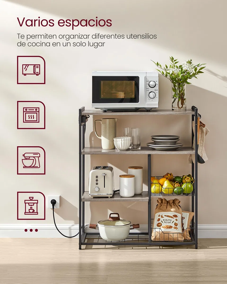 VASAGLE Estantería de Cocina con Enchufes, 2 Cestas de Malla, Estantería para Microondas, con Estantes y Ganchos, 35 x 80 x 93,5 cm, Estilo Industrial, Greige Mélange y Negro Tinta KKS196K02