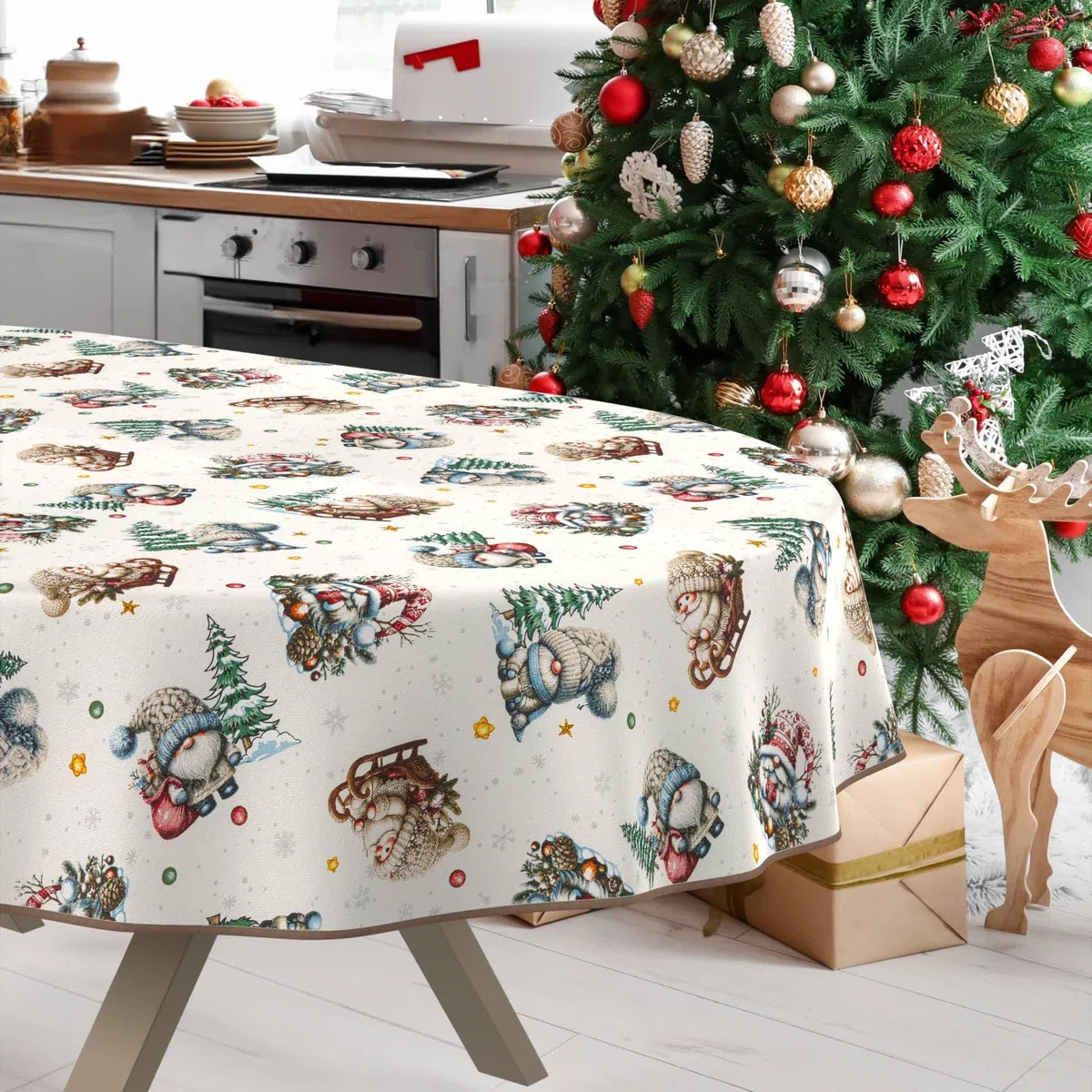 Mantel de Navidad, lavable, impermeable, antimanchas, mantel de algodón, poliéster, Papá Noel, ovalado, 280 x 140 cm, para interior y exterior