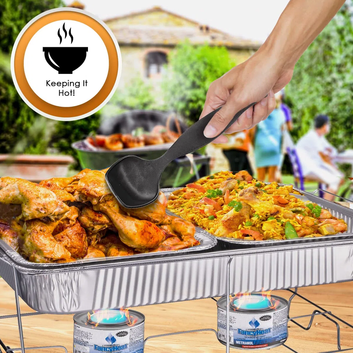 Juego de platos desechables para bufé, calentadores de alimentos para fiestas, 33 piezas completas de servidores de rozaduras con cubiertas, suministros de catering con sartenes de tamaño completo (9