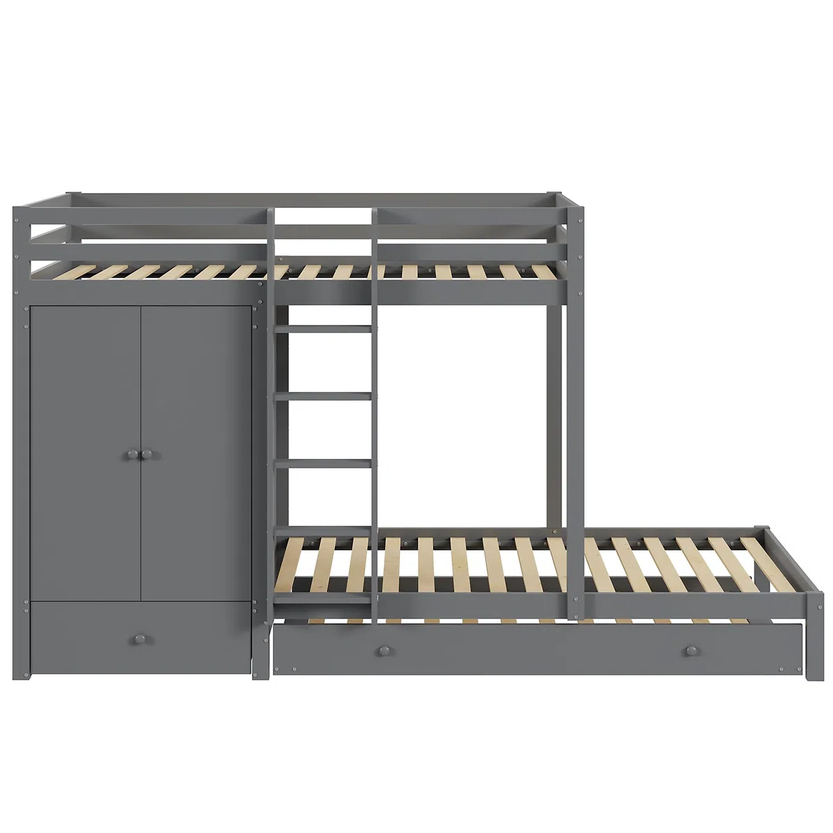 Azkoeesy Litera para 3 Personas, 90x200 + 90x190 cm, con Cama Nido, Armario Empotrado y estanterías, cajón, somier, barandilla, Cama Triple, para Adolescente y Adulto, Color Gris