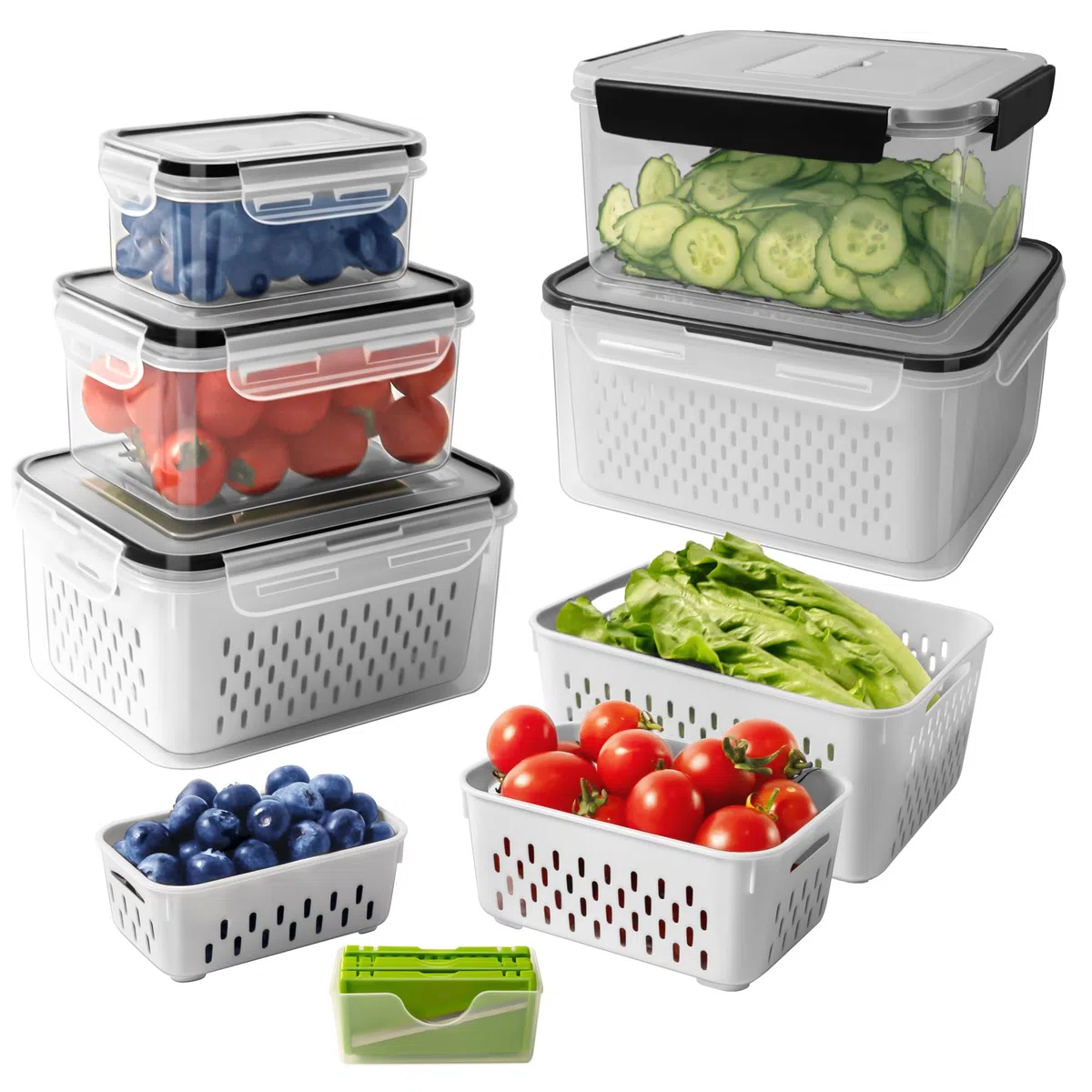 5 recipientes de almacenamiento de frutas para refrigerador con colador extraíble y juego de picador, recipientes de almacenamiento de alimentos a prueba de fugas con tapas, aptos para lavavajillas y