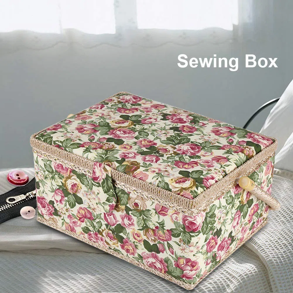 Cesta De Costura para Suministros De Costura, Caja De Artesanía De Costura con Estampado Floral De Tela con Asa, Organizador De Almacenamiento De Kit De Costura para El Hogar