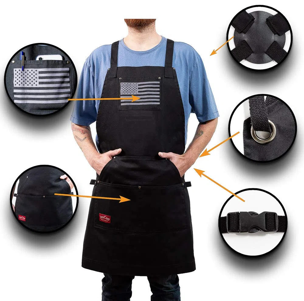 JayCee Delantal para barbacoa, parrilla, chef, pasatiempos y taller, 5 bolsillos, espalda cruzada, 2 trabillas para herramientas/toallas, algodón de 10 onzas, día del padre, Negro con bandera.
