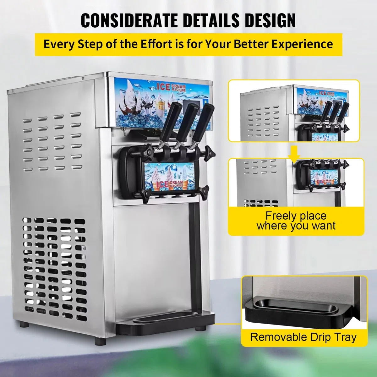 1200W Máquina de Helados Soft, Heladera Comercial 18L/5Gal, 3 Sabores, Ideal para Cafeterías, Buffets, Tiendas de Bebidas y Restaurantes