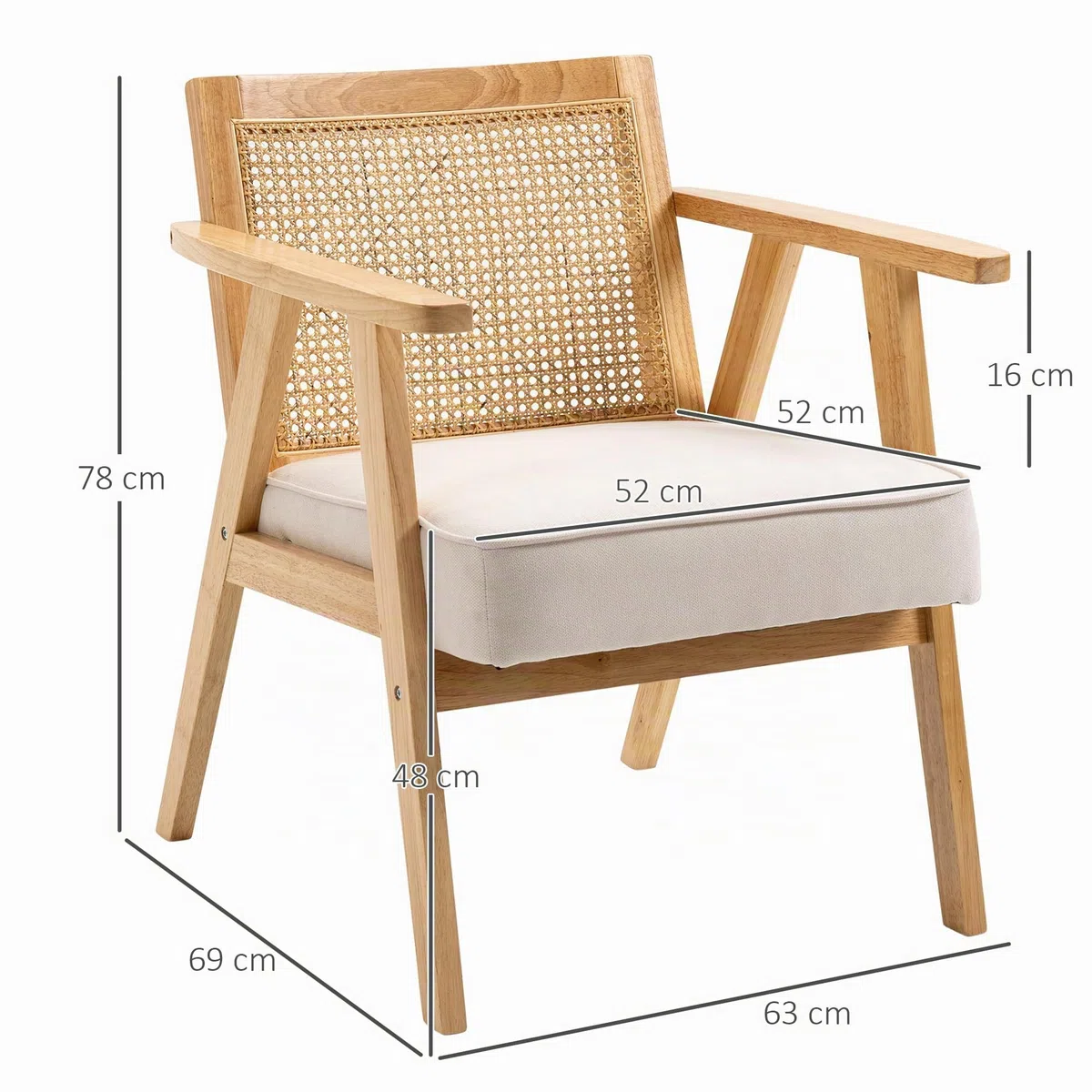 HOMCOM Butaca de Salón con Reposabrazos Sillón con Respaldo de Ratán y Marco de Madera de Caucho Butaca para Dormitorio Salón Carga 120 kg Natural y Beige