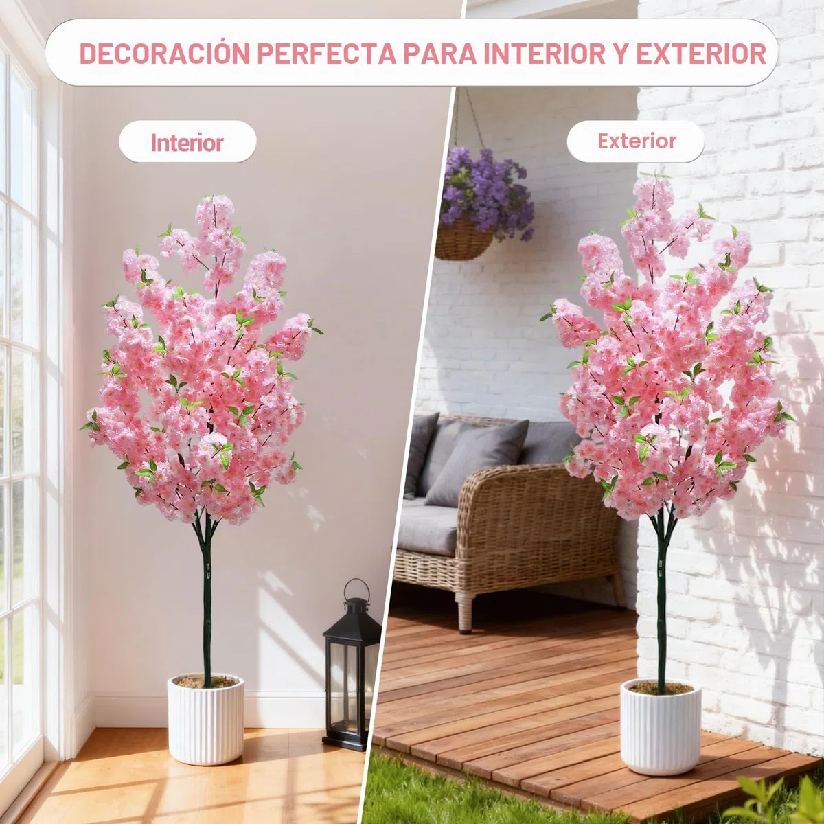 Árbol de cerezo artificial de 180 cm con flores rosa en maceta blanca, árbol de PVC y fibra textil para interior y exterior - Decoración para el hogar, oficina, bodas, fiestas | Árbol Sakura sin