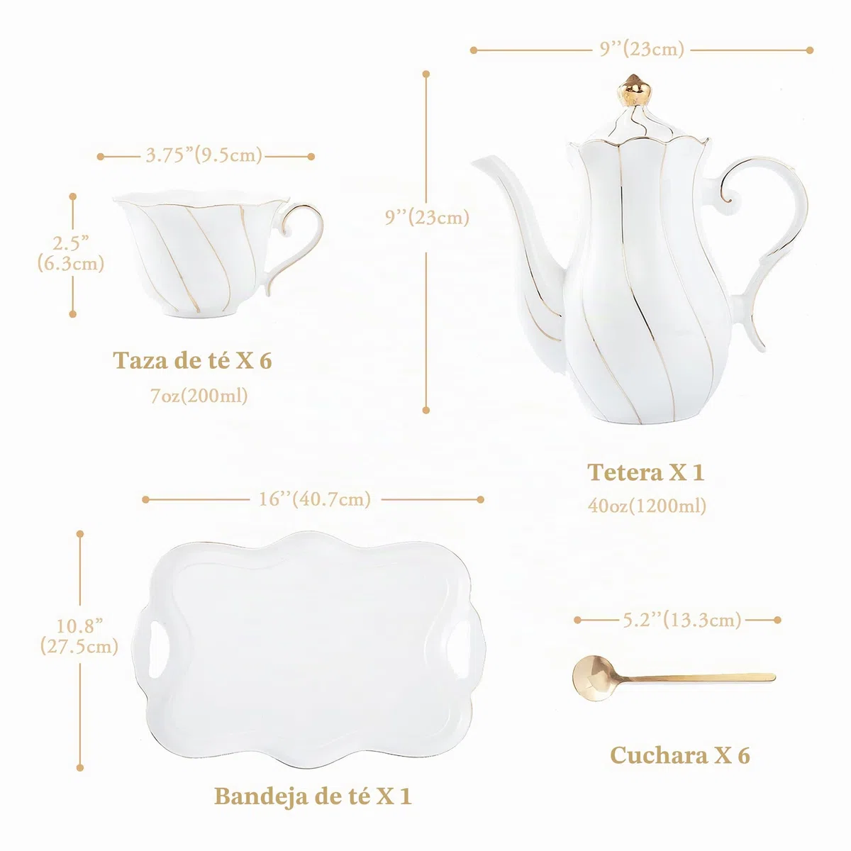 DUJUST Juego de 14 piezas de té con bandeja de té y cucharas, juego de tazas de té y café con diseño de diamante moderno con adornos dorados, decoración de sala de estar de porcelana