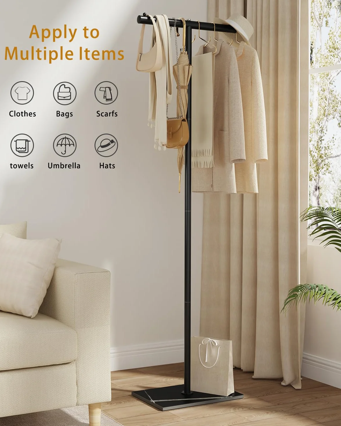 OUTBORS Perchero, Organizadora Independiente con Gancho, Multifuncion Percha de Estructura en Forma de T, Disponible para Armario, Dormitorio, Pasillo, Entrada, 175cm, Negro