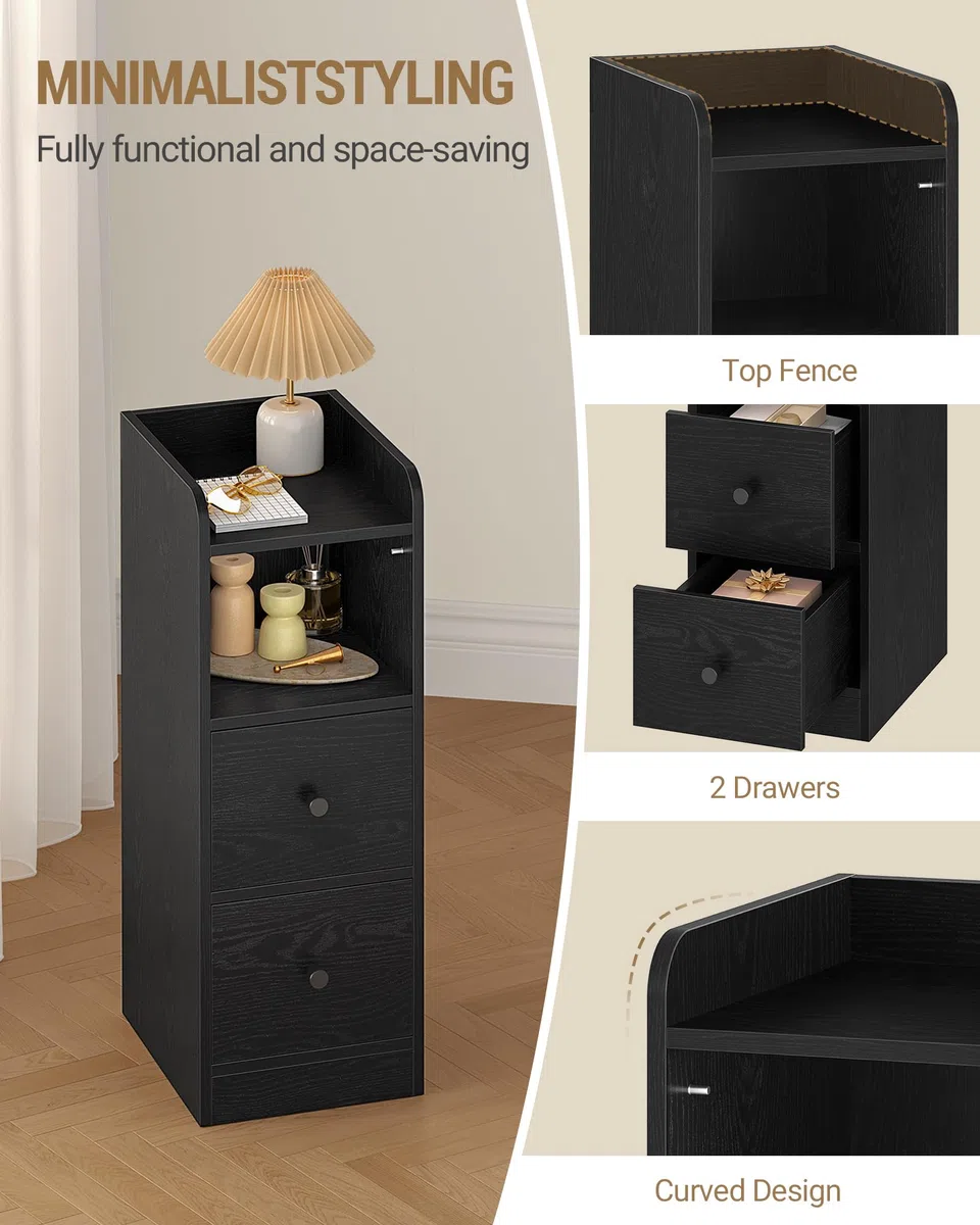 Hzuaneri Mesilla de Noche de 2, Mesas Auxiliares con 2 Cajones, Negro | Protector Superior, para Espacios reducidos, para Dormitorio, Salón, 30 x 24 x 65 cm, NS62204X