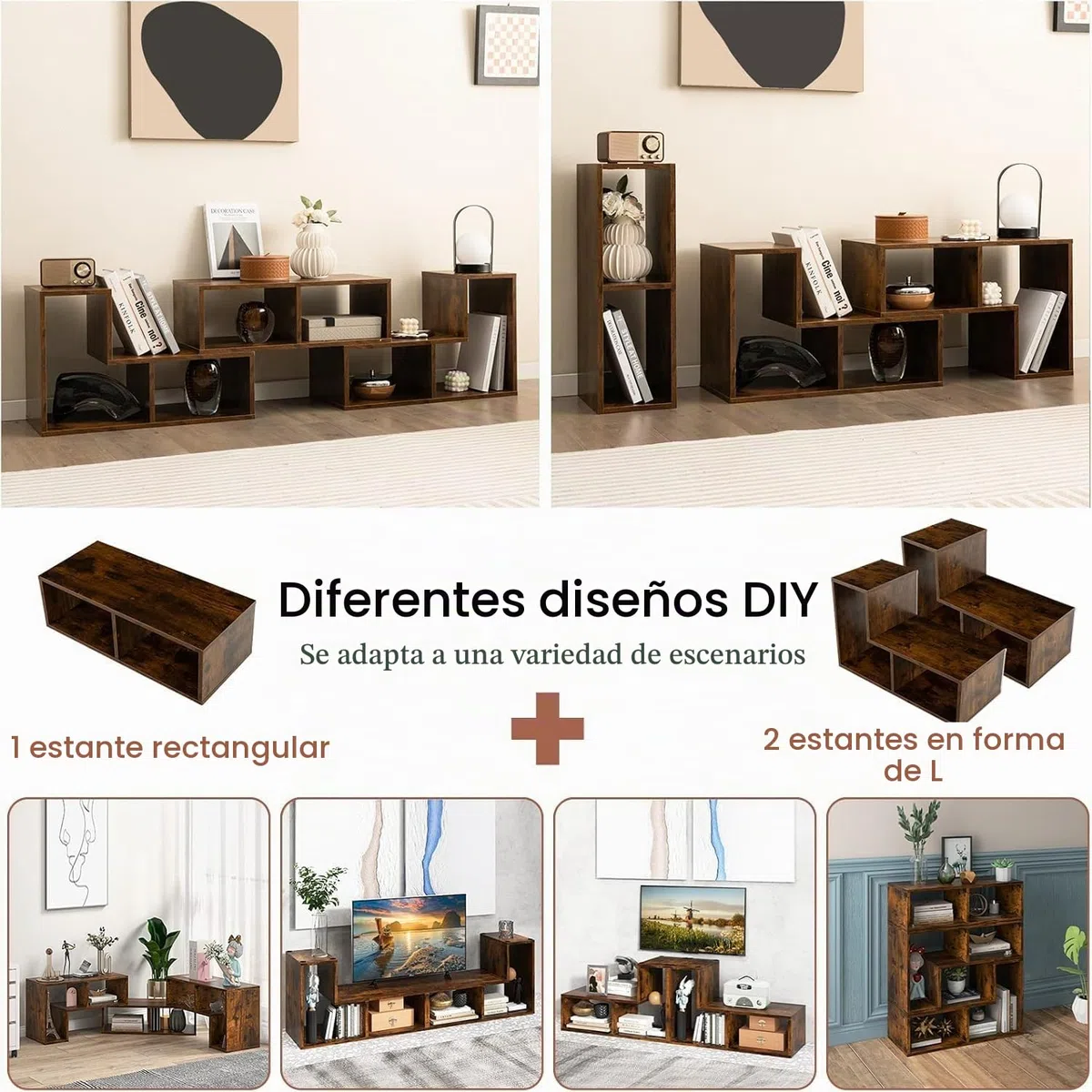 GIANTEX Mueble de TV Combinado Libre con Estantes Abiertos, para TV hasta 65 Pulgadas, Soporte de TV Multifuncional de Madera, para Salón, Dormitorio, 134-180x30x43 cm (Marrón, 3 Piezas)